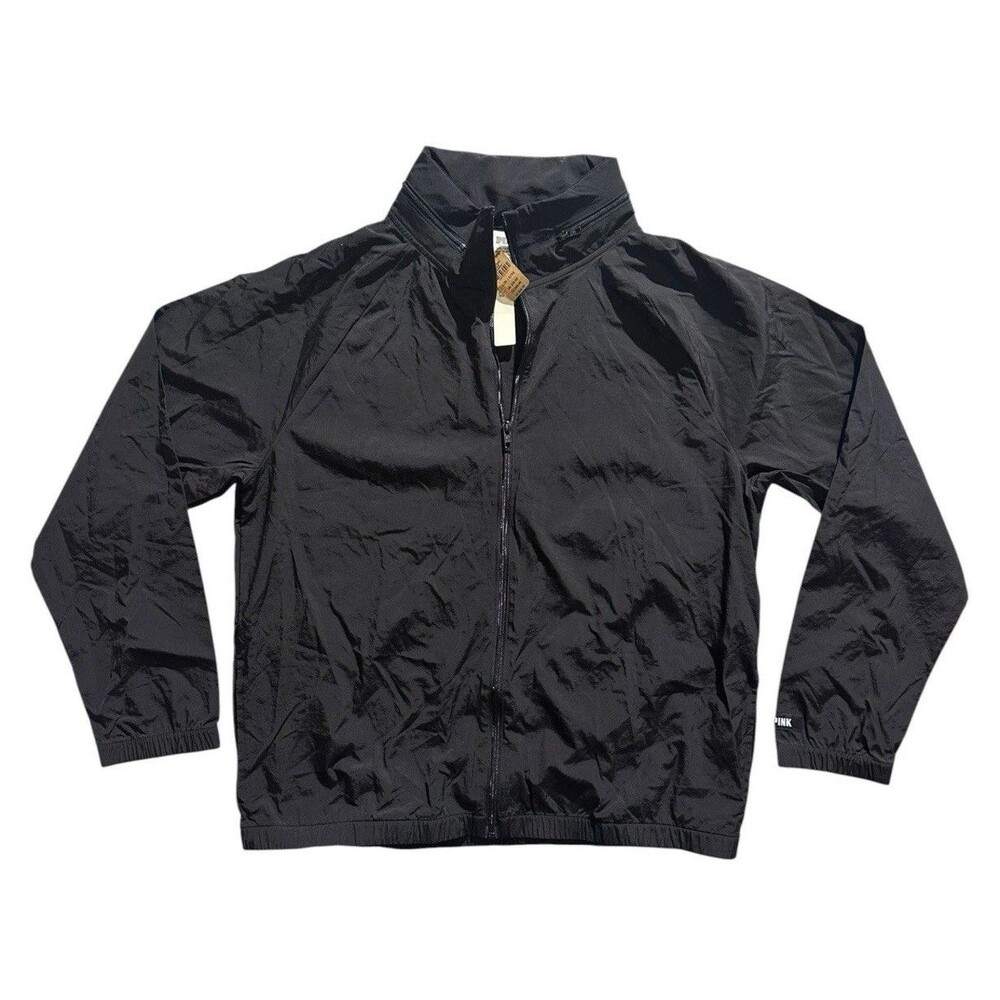 Nwt PINK Victorias Secret Windbreaker Jacket Women Large Black Packable Hood Zip